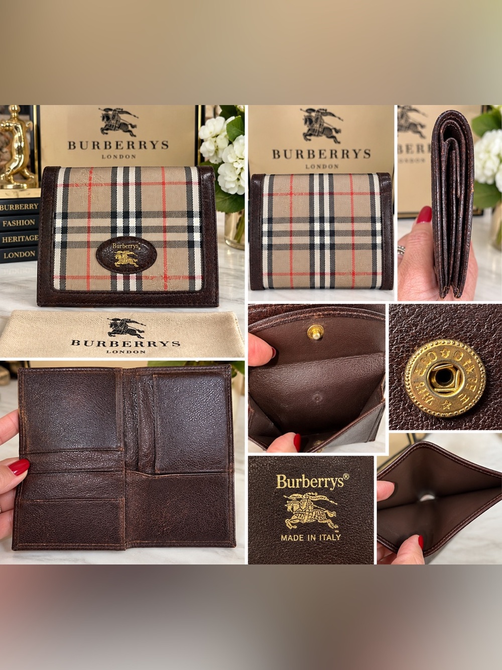 1990s Burberrys Nova Check Plaid Brown Leather Bifold Wallet Equestrian